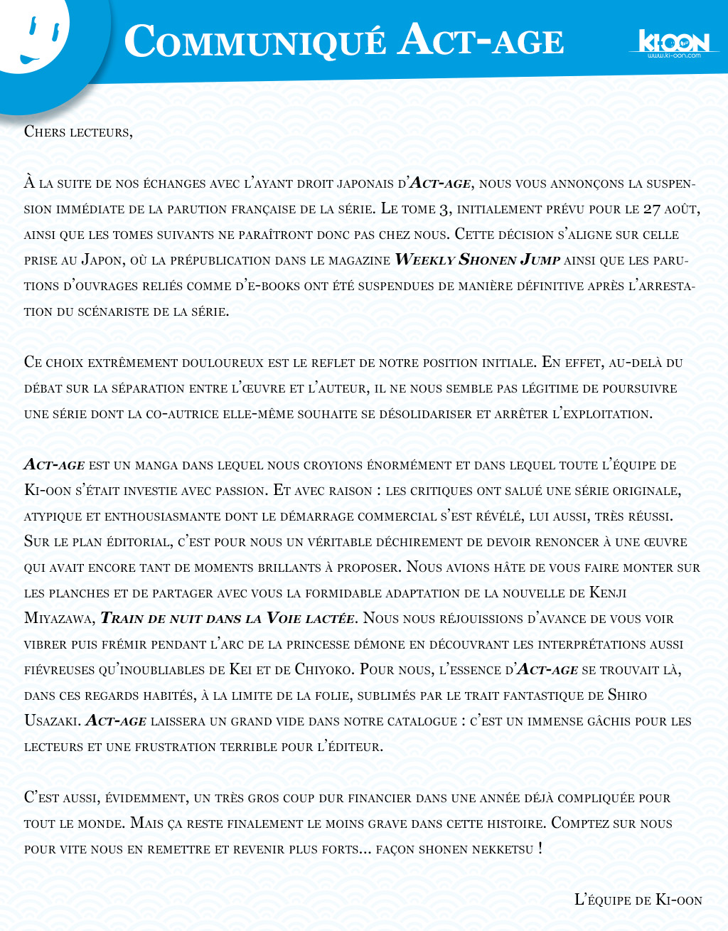 Ki-oon Act-Age Communiqu&eacute;